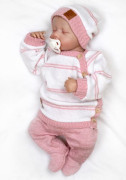 Pletená sada pre bábätko s jemným prúžkom 3dielna lux ružová - biela Baby Nellys