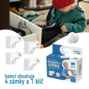 Magnetické zámky biele na skrine a zásuvky sada 4 ks + 1x magnetický kľúč Sipo