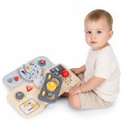 Montessori manipulačná doska pre deti - drevený panel s volantom a prepínačmi