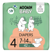 Jednorazové eko plienky 4 Maxi 7–14 kg (126 ks), mesačné balenie eko plienok Moomin Baby