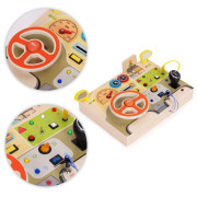 Drevená Montessori manipulačná tabuľa pre deti LED senzorická s volantom auta