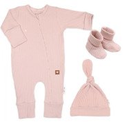 Rastúci rebrovaný overálok, čiapočka a topánočky Nature - ružová Baby Nellys