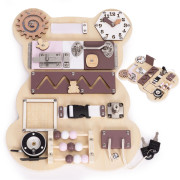 Drevená Montessori manipulačná senzorická tabuľa pre deti edukačný panel Macko