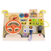 Drevená Montessori manipulačná tabuľa pre deti LED senzorická s volantom auta