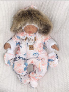 Zimná kombinéza s dvojitým zipsom, kapucňou a kožušinou + rukavičky Angel ružičky Z&Z