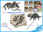 Dinosaurus 12 cm a skamenelina v sadre s dlátom, lupou a štetcom