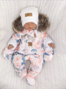 Zimná kombinéza s dvojitým zipsom, kapucňou a kožušinou + rukavičky Angel ružičky Z&Z