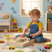 Drevená Montessori manipulačná tabuľa pre deti LED senzorická s volantom auta