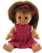 Bábika bábätko dievčatko 30 cm pevné telíčko červené šatôčky s bodkami