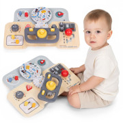 Montessori manipulačná doska pre deti - drevený panel s volantom a prepínačmi