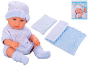 Bábätko tvrdé telo 33 cm modré s perinkami