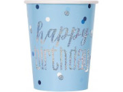 Papierové kelímky - Happy birthday - modré s bodkami, 8 ks