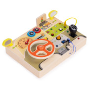 Drevená Montessori manipulačná tabuľa pre deti LED senzorická s volantom auta