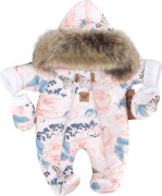 Zimná kombinéza s dvojitým zipsom, kapucňou a kožušinou + rukavičky Angel ružičky Z&Z