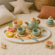 Drevená detská čajová sada s kanvicou a šálkami, 14 dielov