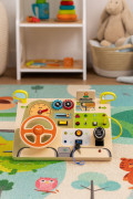 Drevená Montessori manipulačná tabuľa pre deti LED senzorická s volantom auta