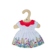 Biele kvetinové šaty s červeným golierom pre bábiku Bigjigs Toys