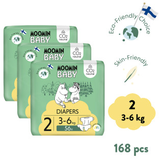 Jednorazové eko plienky 2 Newborn 3–6 kg (168 ks), mesačné balenie eko plienok Moomin Baby