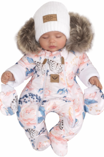 Zimná kombinéza s dvojitým zipsom, kapucňou a kožušinou + rukavičky Angel ružičky Z&Z