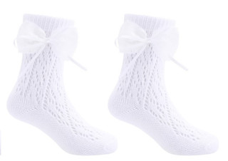 Ažúrové ponožky biele so saténovou mašličkou perforované