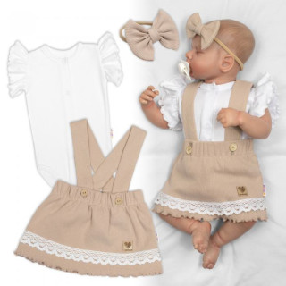 3dielna sada Lady, body, suknička s trakmi, čelenka béžová/biela Baby Nellys