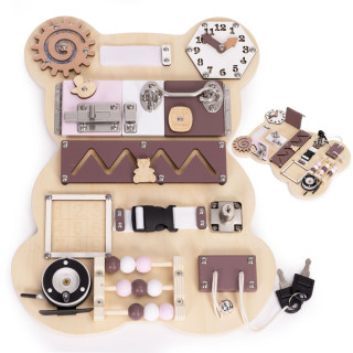 Drevená Montessori manipulačná senzorická tabuľa pre deti edukačný panel Macko