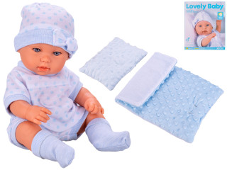 Bábätko tvrdé telo 33 cm modré s perinkami