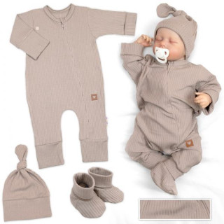 Rastúci rebrovaný overálok, čiapočka a topánočky Nature - toffi Baby Nellys