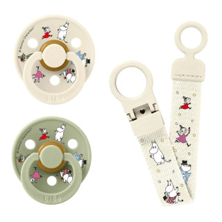 Darčekový set Moomin klip + cumlíky 6-18 m Ivory/Sage Bibs