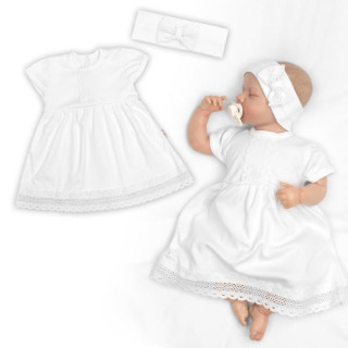 Luxusné šatôčky s čipkou SOFIA, krátkym rukávom + čelenka, 2D sada, bielo
