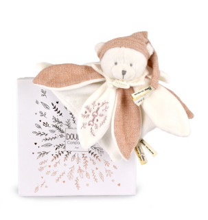 Darčeková sada Plyšový muchláčik medvedík s čiapočkou 25 cm ružový Doudou