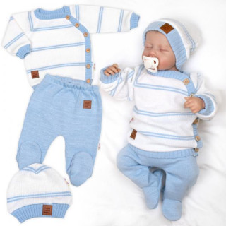 Pletená sada pre bábätko s jemným prúžkom 3dielna lux modrá - biela Baby Nellys