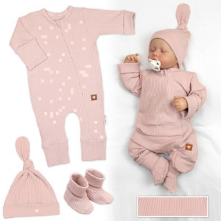 Rastúci rebrovaný overálok, čiapočka a topánočky Nature - ružová Baby Nellys