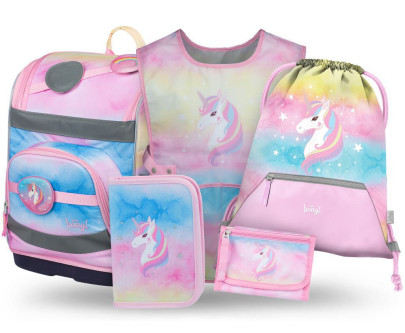 Set 5 Zippy Plus Rainbow Unicorn: aktovka, peračník, sáčok, zástera, peňaženka Baagl