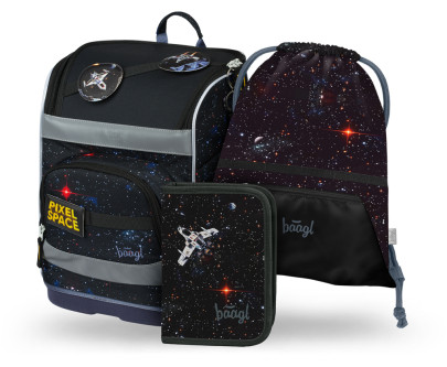 Set 3 Zippy plus Pixel Space: aktovka, peračník, sáčok Baagl