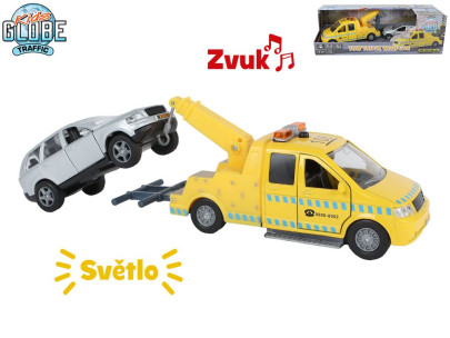 Odťahovka 14 cm kovová, spätný chod na batérie svetlo + zvuk s autom 11,5 cm Kids Globe Traf