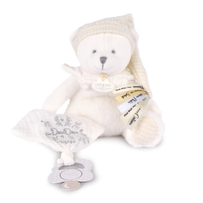 Darčeková sada Plyšový medvedík s úchytom na cumlík a dečkou béžový 20 cm Doudou