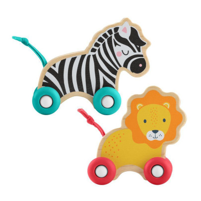 Drevená postrkovací lev a zebra