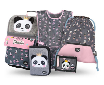 Set 5 Zippy Panda: aktovka, peračník, sáčok, zástera, peňaženka Baagl
