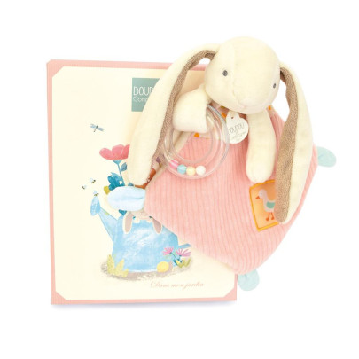 Darčeková sada ružová Zajačik Ciboulette s hrkálkou 21 cm Doudou