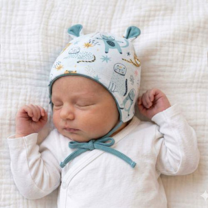 Dojčenská dvojvrstvová zaväzovacia čiapočka s uškami Mačka Modrá Baby Service