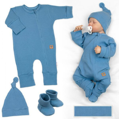 Rastúci rebrovaný overálok, čiapočka a topánočky Nature - jeans Baby Nellys
