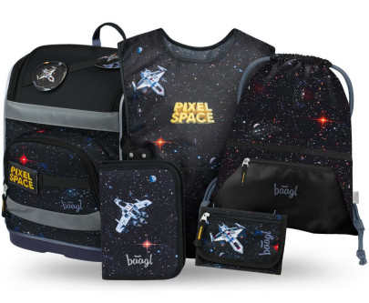 Set 5 Zippy Plus Pixel Space: aktovka, peračník, sáčok, zástera, peňaženka Baagl