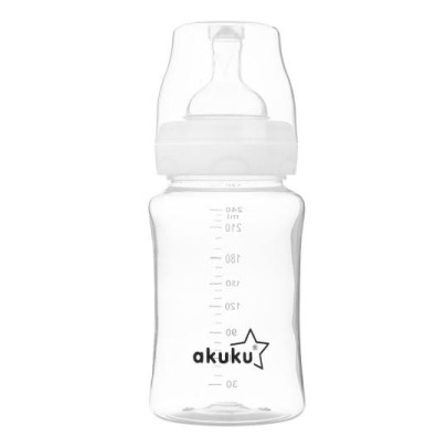 Dojčenská, plastová antikoliková fľaštička so širokým hrdlom 240 ml Akuku