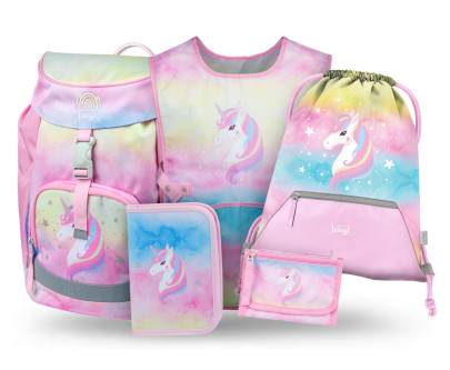 Set 5 Airy Rainbow Unicorn: batoh, peračník, sáčok, zástera, peňaženka Baagl