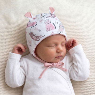 Dojčenská dvojvrstvová zaväzovacia čiapočka s uškami Mačka Ružová Baby Service
