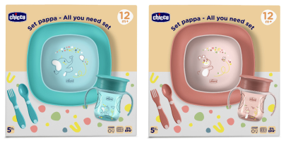 Set jedálenský - miska, tanier, fľaša a príbor 12 m+ Chicco