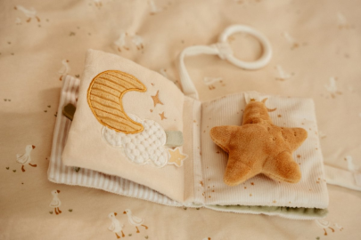 Závesná textilná knižka s aktivitami Newborn Naturals Little Dutch