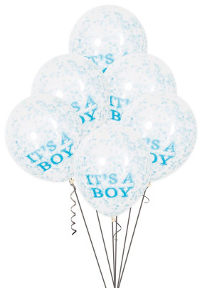 Balónik transparentný 30 cm potlač "It´s a boy" s modrými konfetami, 6 ks