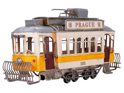 Električka žltá 27,5 cm s nápisom Prague kov na voľný chod
